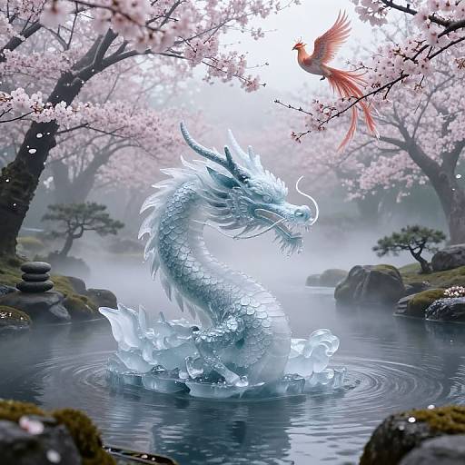 Digital artwork of a glowing blue dragon rising from a misty pond, surrounded by cherry blossom trees, with a red bird in flight above.