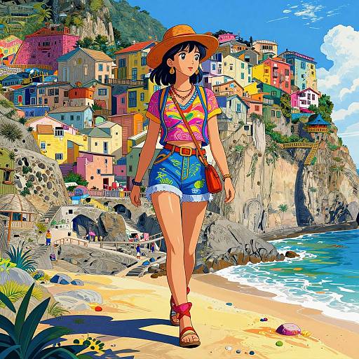 Anime Woman in Psychedelic Beach Village