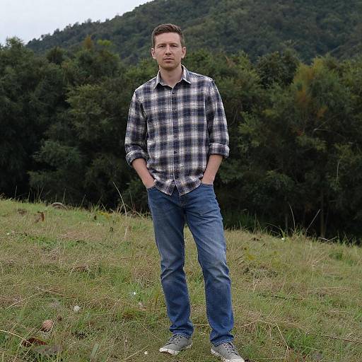 Casual Man on Grassy Hill in Overcast