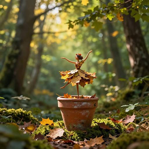Photograph of a small, leaf-dressed fairy statue with arms outstretched, standing in a terracotta pot on mossy forest floor,