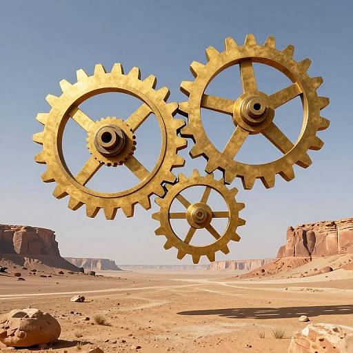 Giant Golden Cogwheels Over Desert