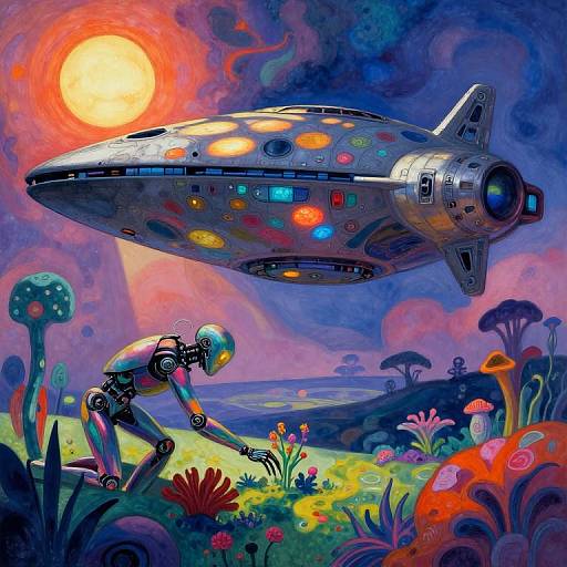 Vibrant digital illustration: robotic figure with colorful helmet tending flowers, futuristic spaceship with glowing lights, surreal purple-blue landscape, sun shining brightly.