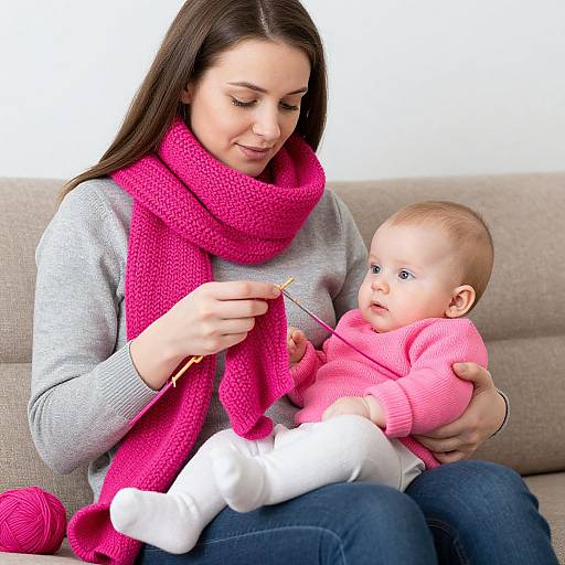 Photograph of a smiling woman with long brown hair, wearing a gray sweater and bright pink scarf, knitting with a baby in a pink sweater and white