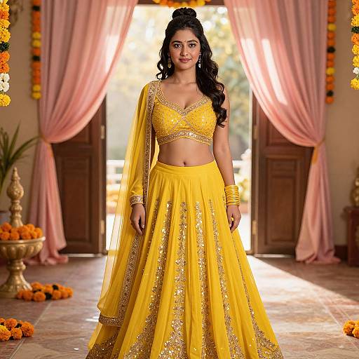 Photograph of a beautiful Indian woman with long black hair, wearing a yellow embroidered lehenga and crop top, standing in a sunlit room with pink