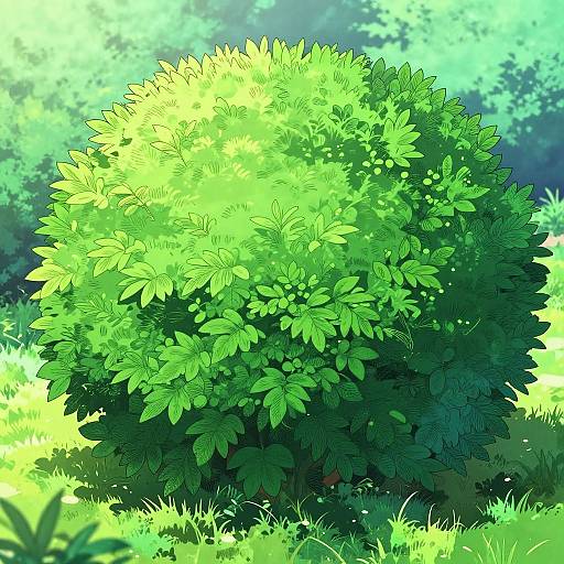 Digital illustration of a lush, vibrant green bush with detailed leaves in sunlight, surrounded by sunlight-dappled grass and a blurred forest background.