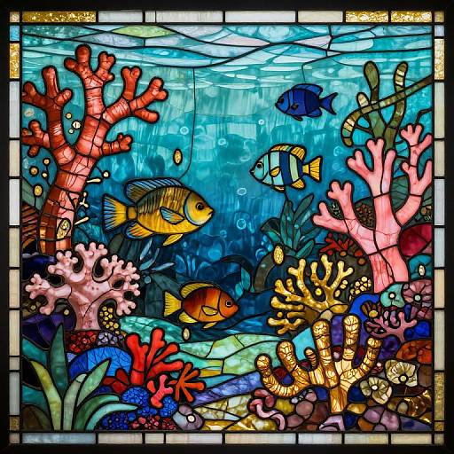 Vibrant stained glass artwork of colorful underwater scene with coral, fish, and seaweed, featuring blue, red, yellow, and pink hues.