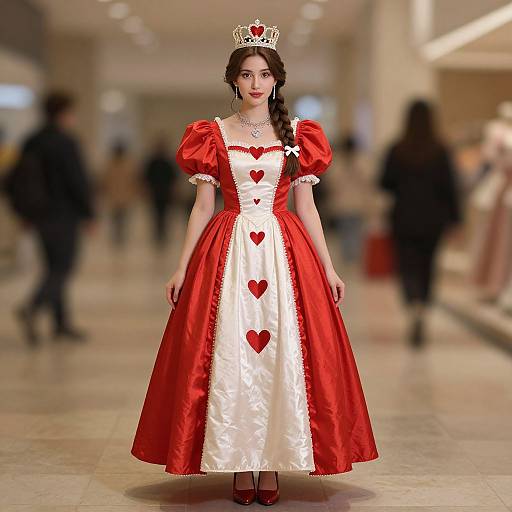 Photograph of a young woman with fair skin, dark hair in a braid, wearing a red and white heart-patterned dress, red puffed