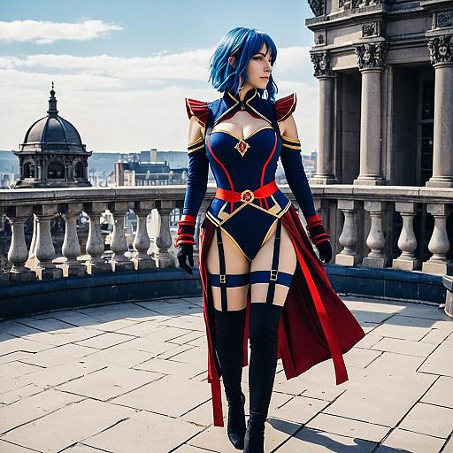 Woman in Navy Blue and Red Cosplay Outfit on Rooftop