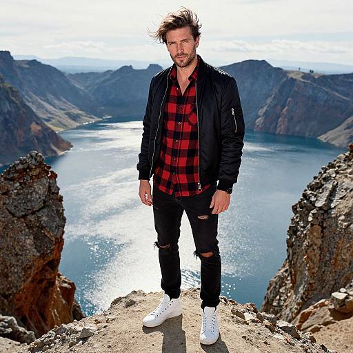 Photograph of a bearded man with messy hair, wearing a black jacket, red plaid shirt, black ripped jeans, and white sneakers, standing