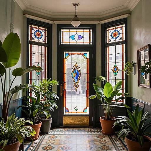 Photograph of a sunlit, ornate entryway with stained glass windows, black-framed glass door, potted plants, and patterned tile
