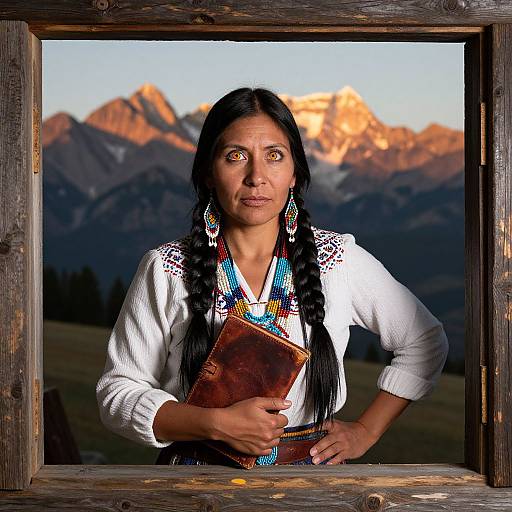 Photograph of a Native American woman with long black braids, wearing traditional white blouse and colorful beadwork, holding a book, framed by a wooden