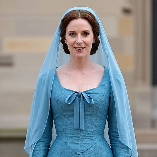 Photograph of a smiling woman with fair skin, brown hair, wearing a light blue dress with long sleeves and veil, standing outdoors against a stone building