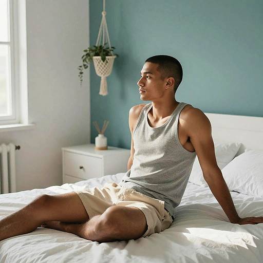 Photograph of a muscular, young Asian man with short black hair, wearing a gray tank top and beige shorts, sitting on a sunlit white bed