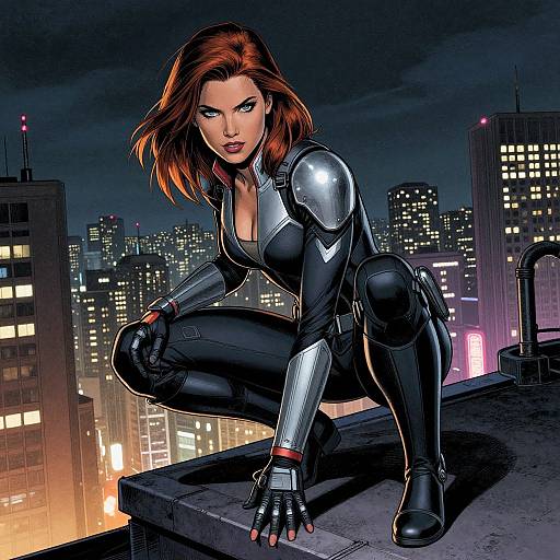 Digital illustration of a fierce, red-haired woman in a black and silver superhero suit, crouching on a rooftop at night, with a cityscape