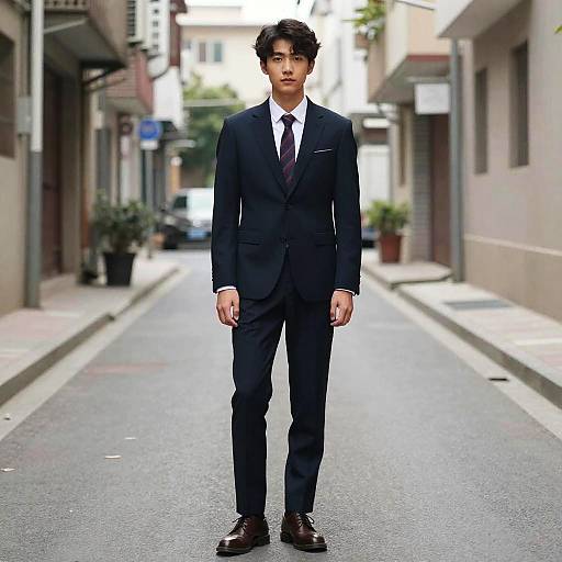 Man in Navy Suit Standing on Urban Street