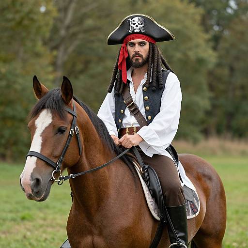 Photograph of a bearded man with dark skin, long black dreadlocks, and a pirate hat, riding a brown horse in a grassy field