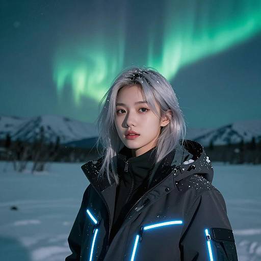 Young Woman Under Northern Lights in Futuristic Jacket
