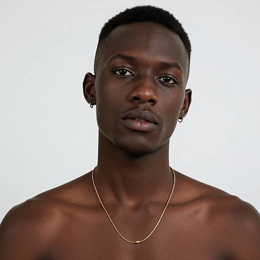 Photograph of a shirtless, dark-skinned, young African man with short black hair, wearing a simple gold chain, against a white background.