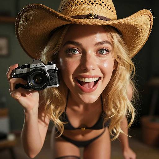 Photograph of a smiling blonde woman with wavy hair, wearing a straw hat, black bikini, holding a Nikon camera, tongue out, indoors,