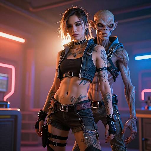 CGI image of a tattooed, punk-styled woman with dark hair, black crop top, and shorts, standing confidently in a neon-lit