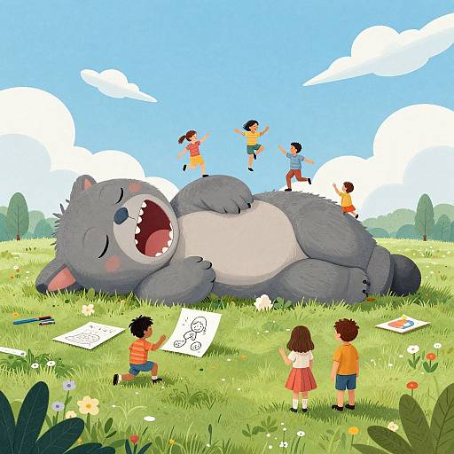 Illustration of a giant sleeping gray bear in a sunny meadow, surrounded by cheerful children drawing and playing on the grass.