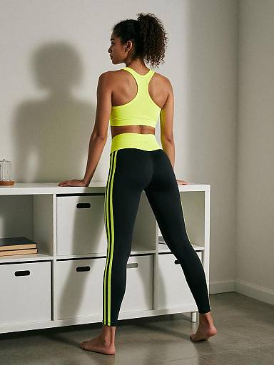 Woman in Electric Yellow Sportswear Leaning on Countertop