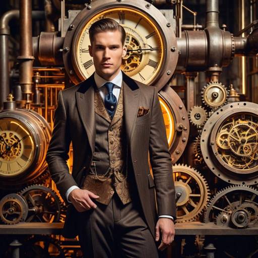 Elegant Man in Vintage Suit with Clock Gears Background