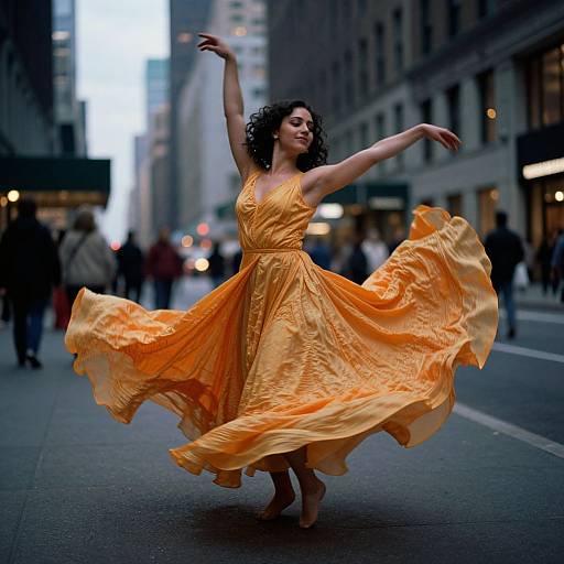 Photograph of a curly-haired woman in a flowing, bright orange dress dancing on a city street at dusk, arms gracefully outstretched. Blurred