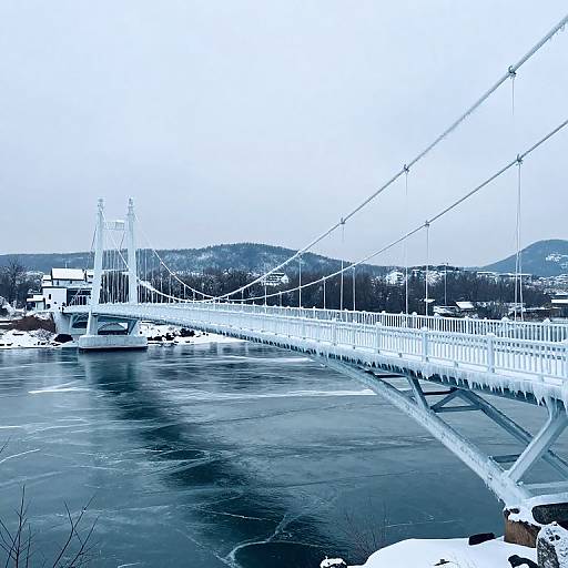 Photograph of a snow-covered suspension bridge spanning a frozen river, with mountains and scattered buildings in the background. Monochromatic blue tone.