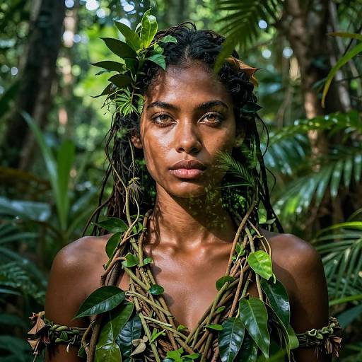 Photograph of a young woman with dark, wet dreadlocks adorned with green leaves, standing in a lush, sunlit jungle. She has a serious