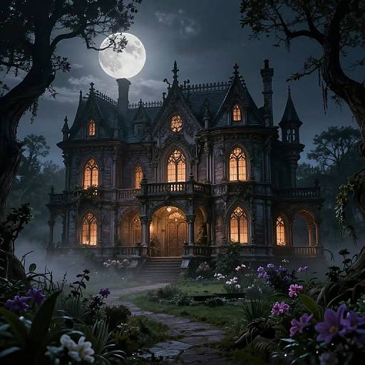 Gothic mansion illuminated by moonlight, with glowing windows and intricate architecture, surrounded by misty, purple-hued flowers under a full moon.