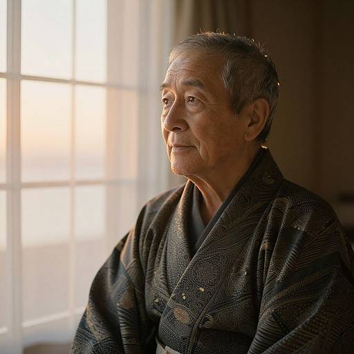Photograph of an elderly Asian man with short gray hair, wearing a dark patterned robe, sitting by a sunlit window, gazing thoughtfully