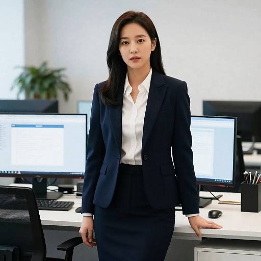 Photograph of an Asian woman with long black hair, wearing a black suit and white shirt, standing in a modern office with two computer monitors and a