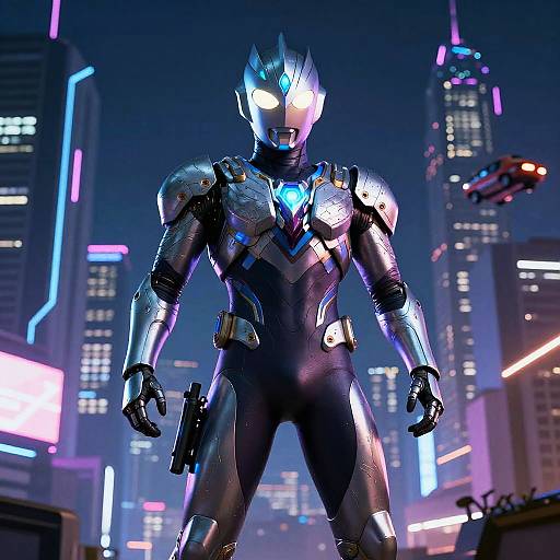 Futuristic Cybernetic Hero in Neon City