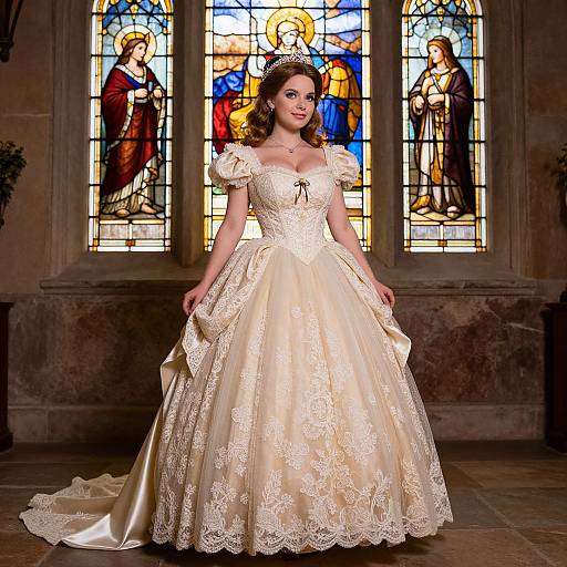 Photograph of a fair-skinned woman with wavy brown hair in an ivory lace ball gown, standing in front of colorful stained glass windows in a