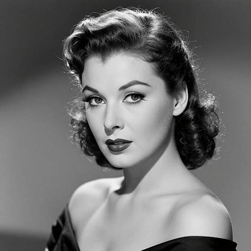 Black-and-white photograph of a 1940s-style woman with wavy, dark hair, dark lipstick, and an off-shoulder dress,