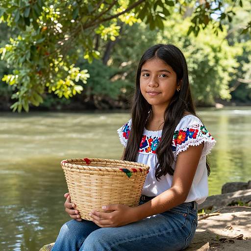 Photograph of a young Latina girl with long dark hair, wearing a white floral top and blue jeans, holding a woven basket, seated by a serene