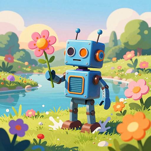 Retro Robot in Vibrant Surreal Landscape