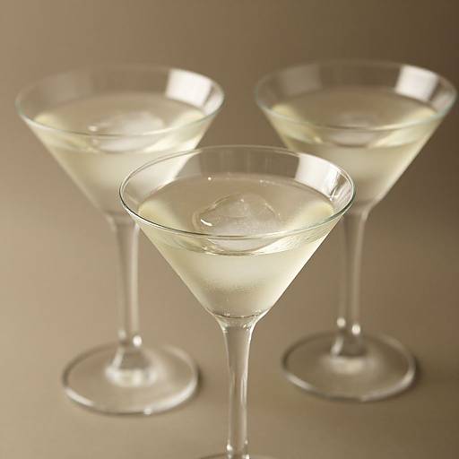 Photograph of three clear martini glasses with pale, icy drinks, each with a single ice cube, set against a soft beige background.