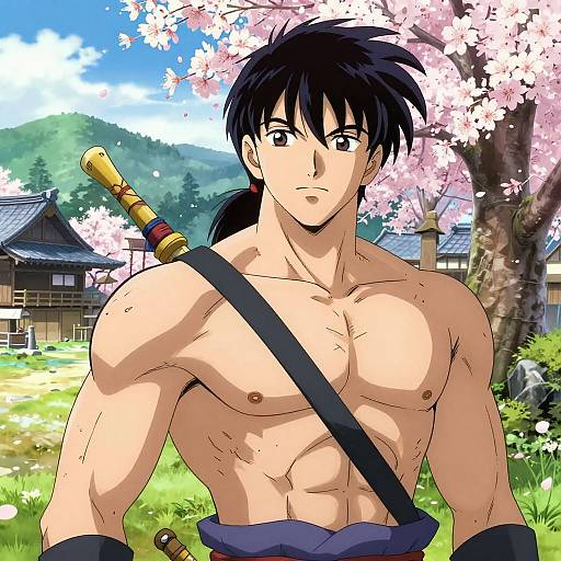 Anime-style digital drawing of a muscular, shirtless man with black hair, carrying a katana, standing in a cherry blossom garden.