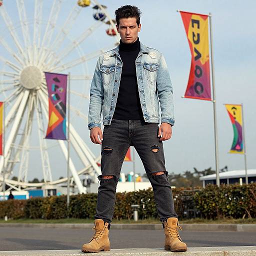 Photograph of a handsome young man in a light blue denim jacket, black turtleneck, ripped black jeans, and tan boots, standing in front