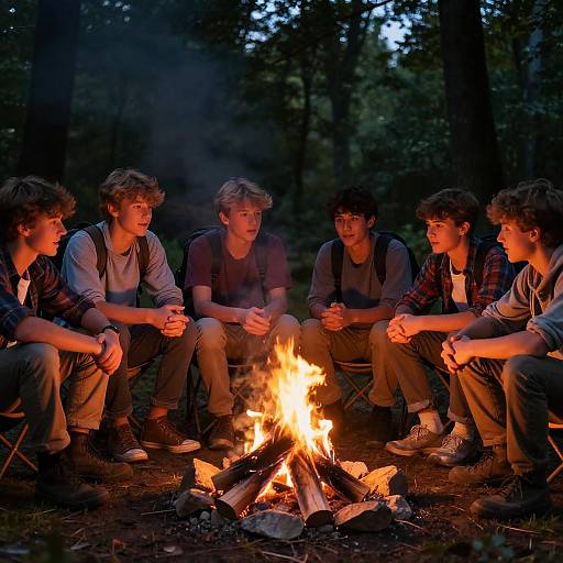 Photograph of six young men, casually dressed, sitting around a campfire in a forest at dusk, sharing a warm, intimate moment.
