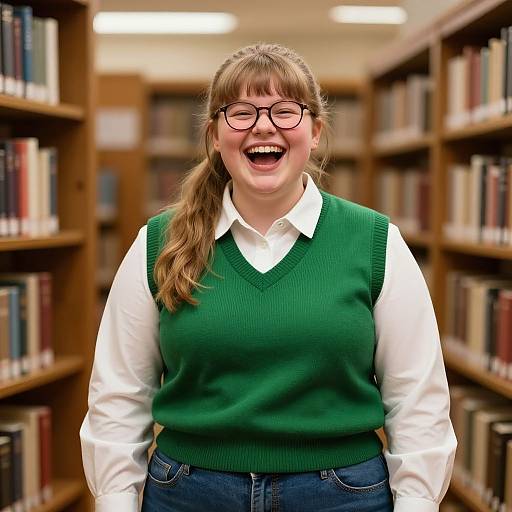 Photograph of a smiling, fair-skinned woman with glasses, brown ponytail, green sweater, white shirt, and blue jeans, standing in a