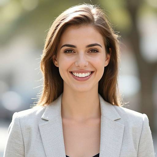 Photograph of a smiling young woman with light brown hair, wearing a light gray blazer, against a sunlit, blurred outdoor background.