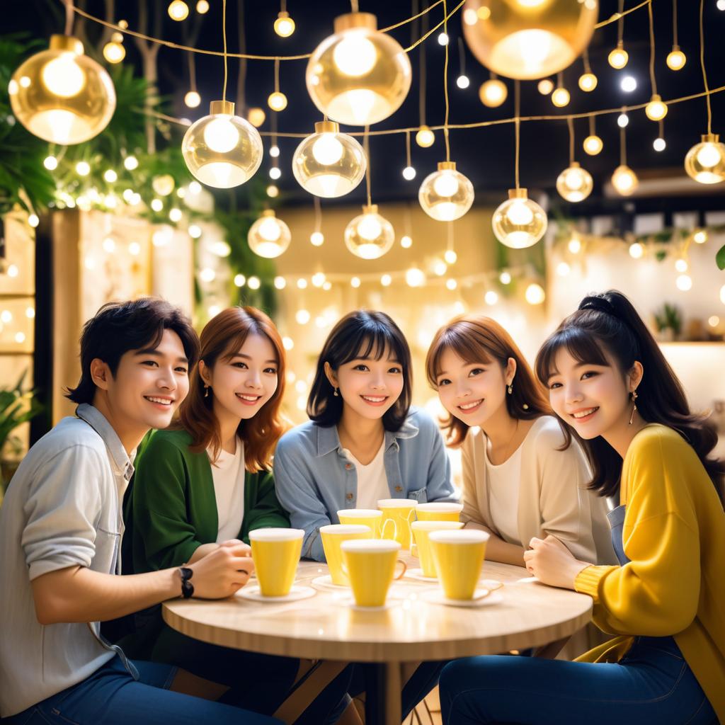 Cheerful Friends in a Fairy Light Café