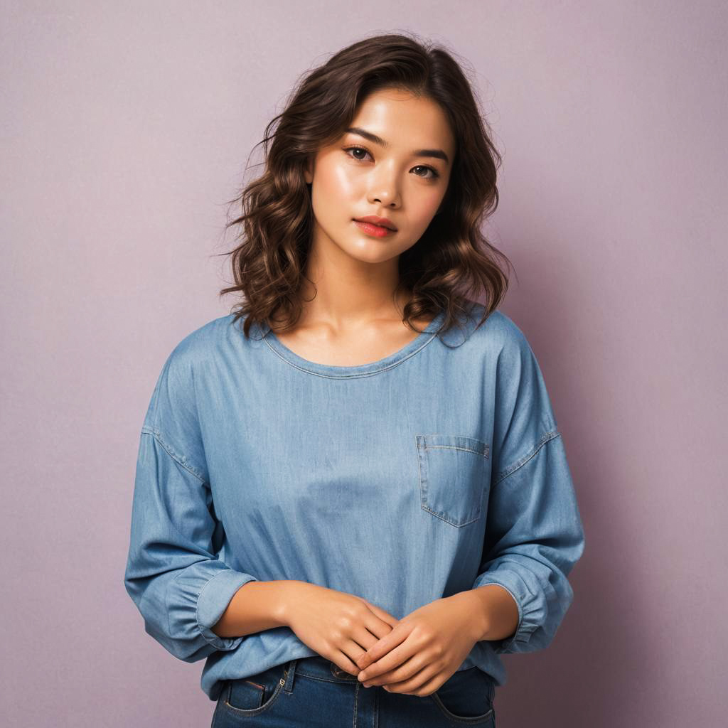 Shy Teen Girl in Soft Denim Studio