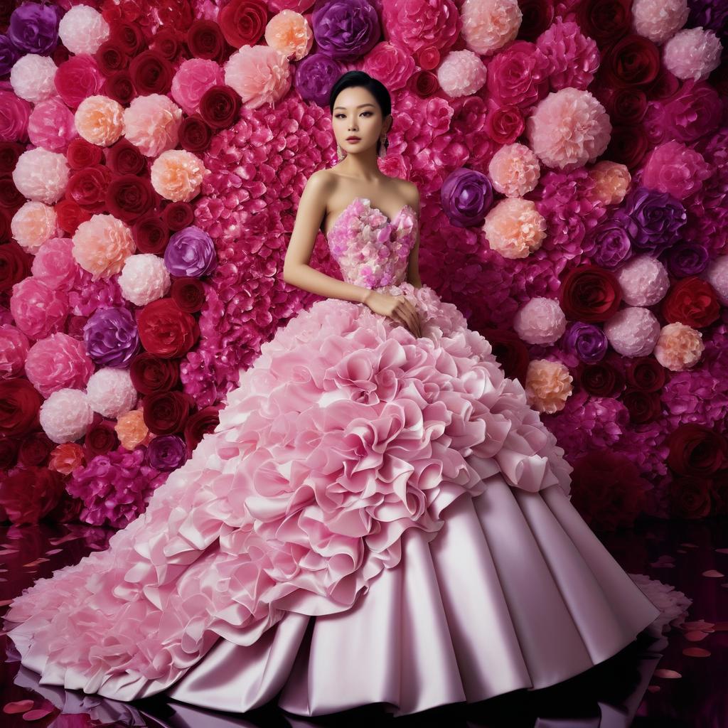 Elegant Asian Model in Flower Petal Gown