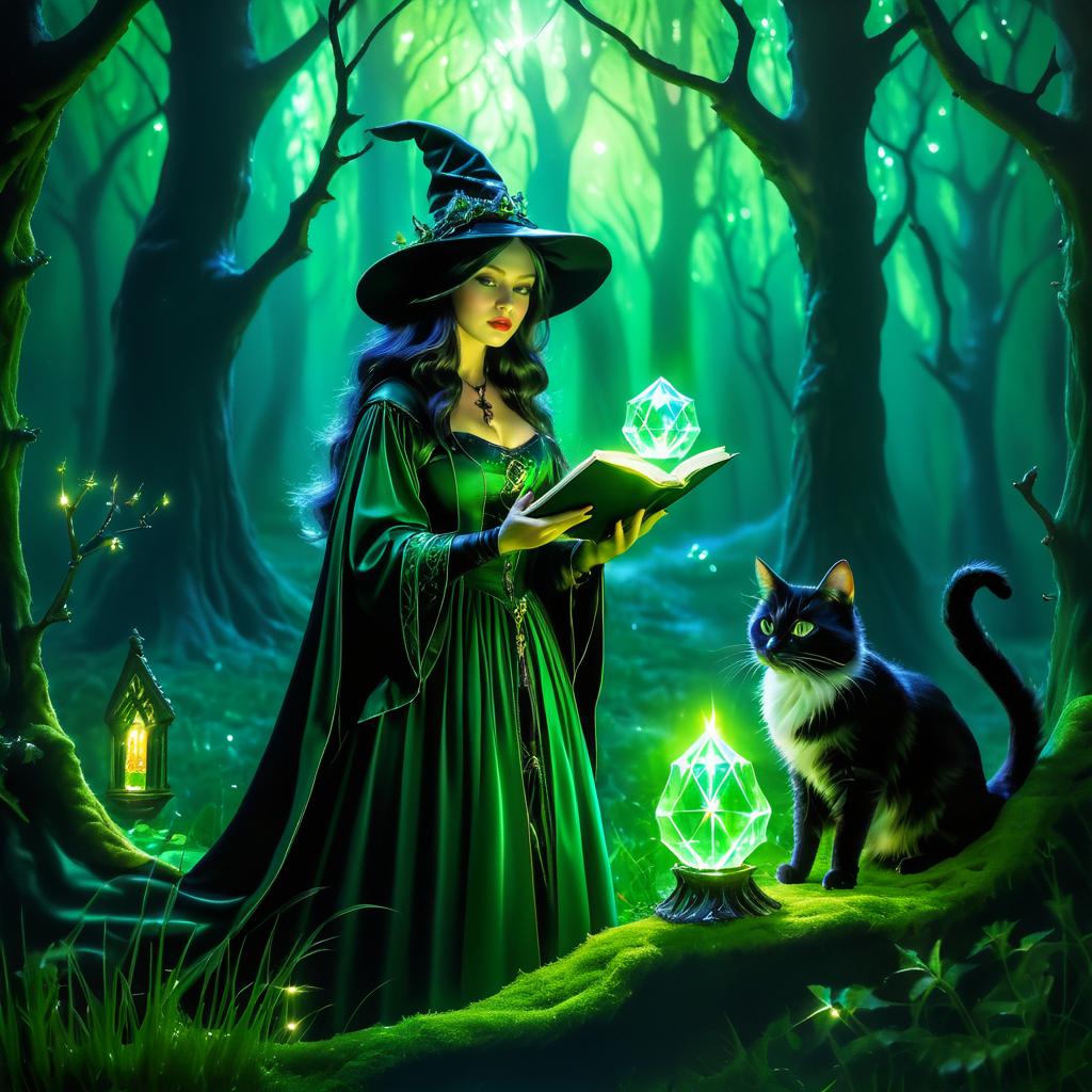 Enchanting Witch and Cat in Forest