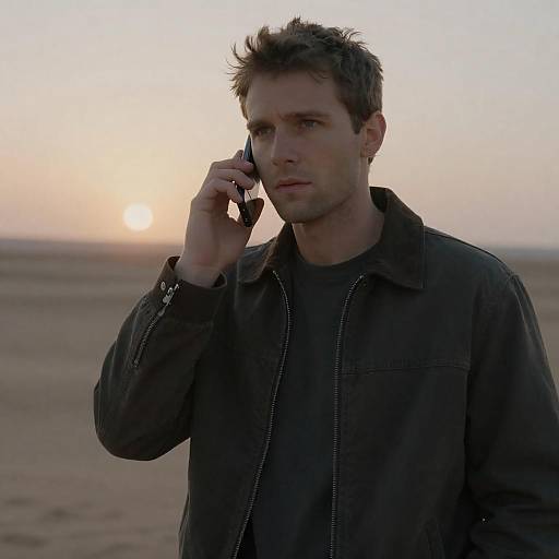 Serious Man in Desolate Landscape at Dusk