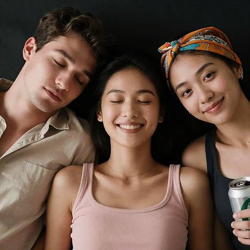 Three friends lying closely together